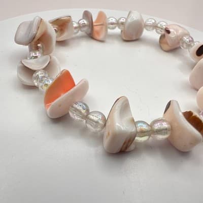 Vintage 90s Cream Conch Sea Shell Glass Beaded Stretch Bracelet Jewelry - Thumbnail 3