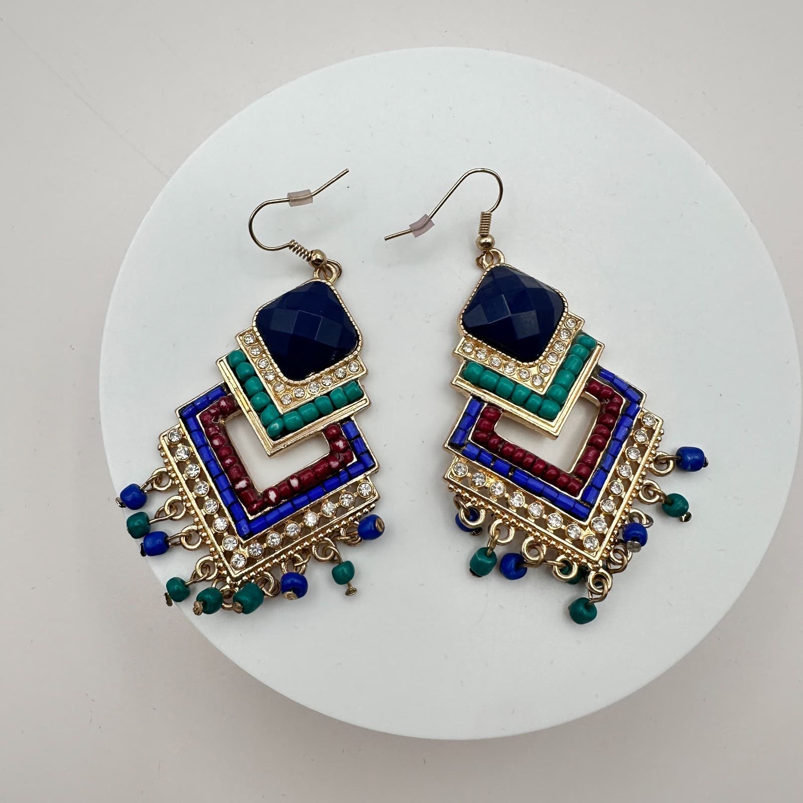 Vintage Y2K Rhinestone Beaded Chandelier Earrings Gold Tone Boho Women's Jewelry - Thumbnail 3