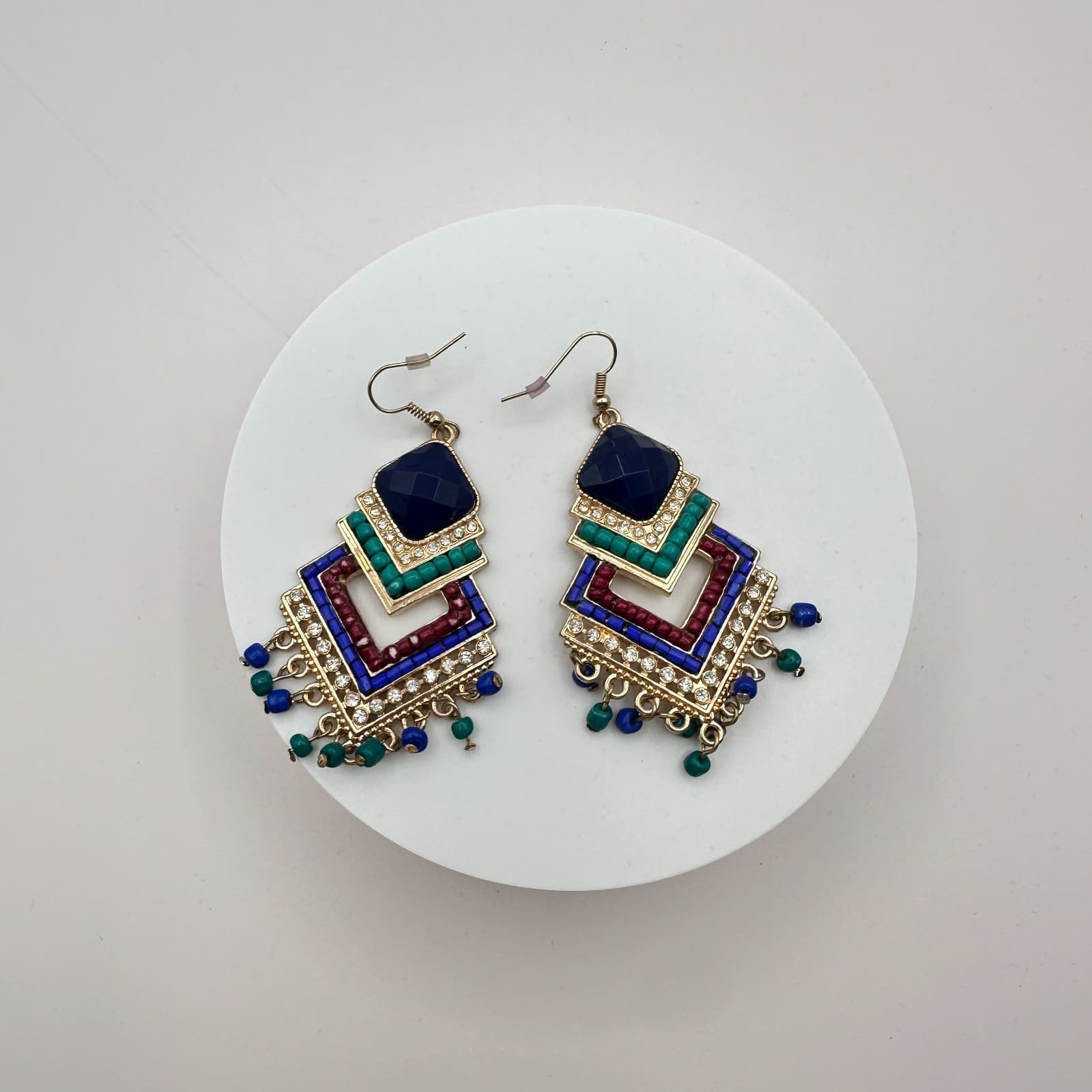 Vintage Y2K Rhinestone Beaded Chandelier Earrings Gold Tone Boho Women's Jewelry - Thumbnail 2