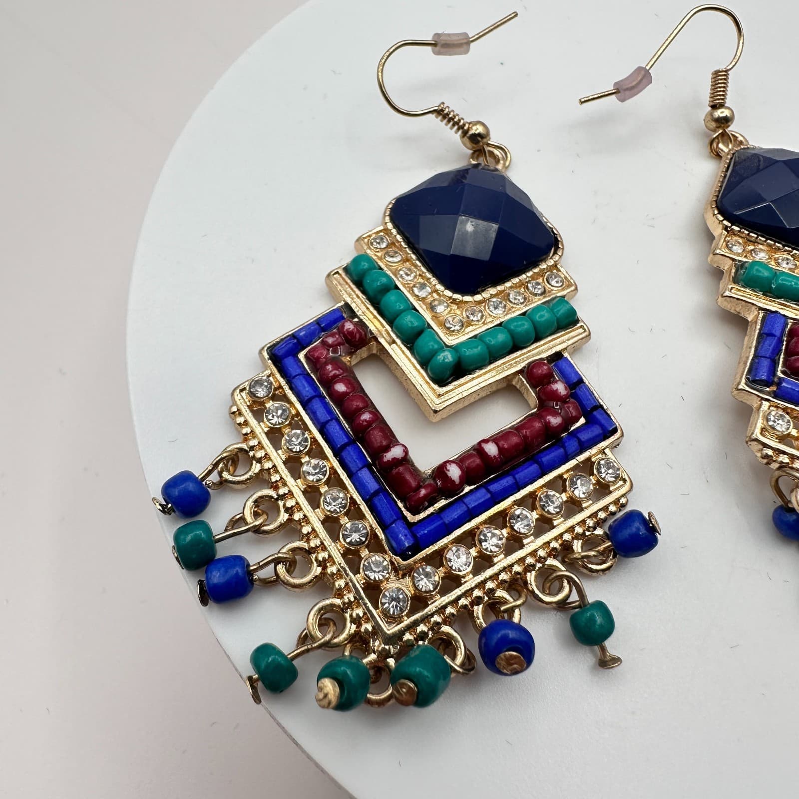 Vintage Y2K Rhinestone Beaded Chandelier Earrings Gold Tone Boho Women's Jewelry - Thumbnail 4