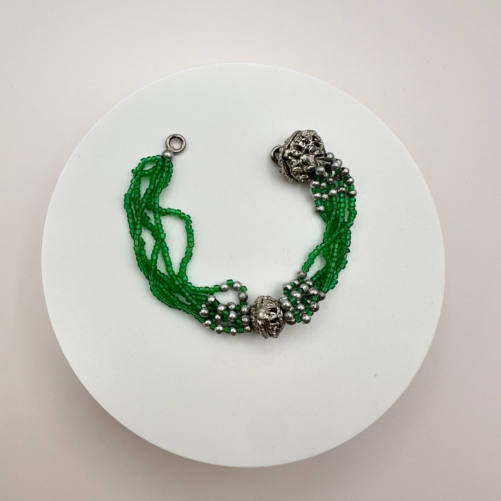 Vintage 90s Silver Tone Multi-Strand Green Bead Bracelet Boho Statement Jewelry - Thumbnail 2