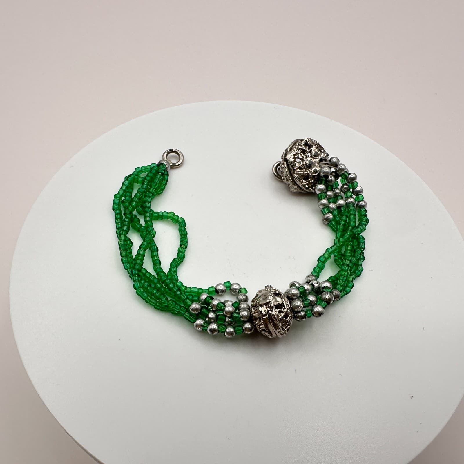 Vintage 90s Silver Tone Multi-Strand Green Bead Bracelet Boho Statement Jewelry - Thumbnail 6