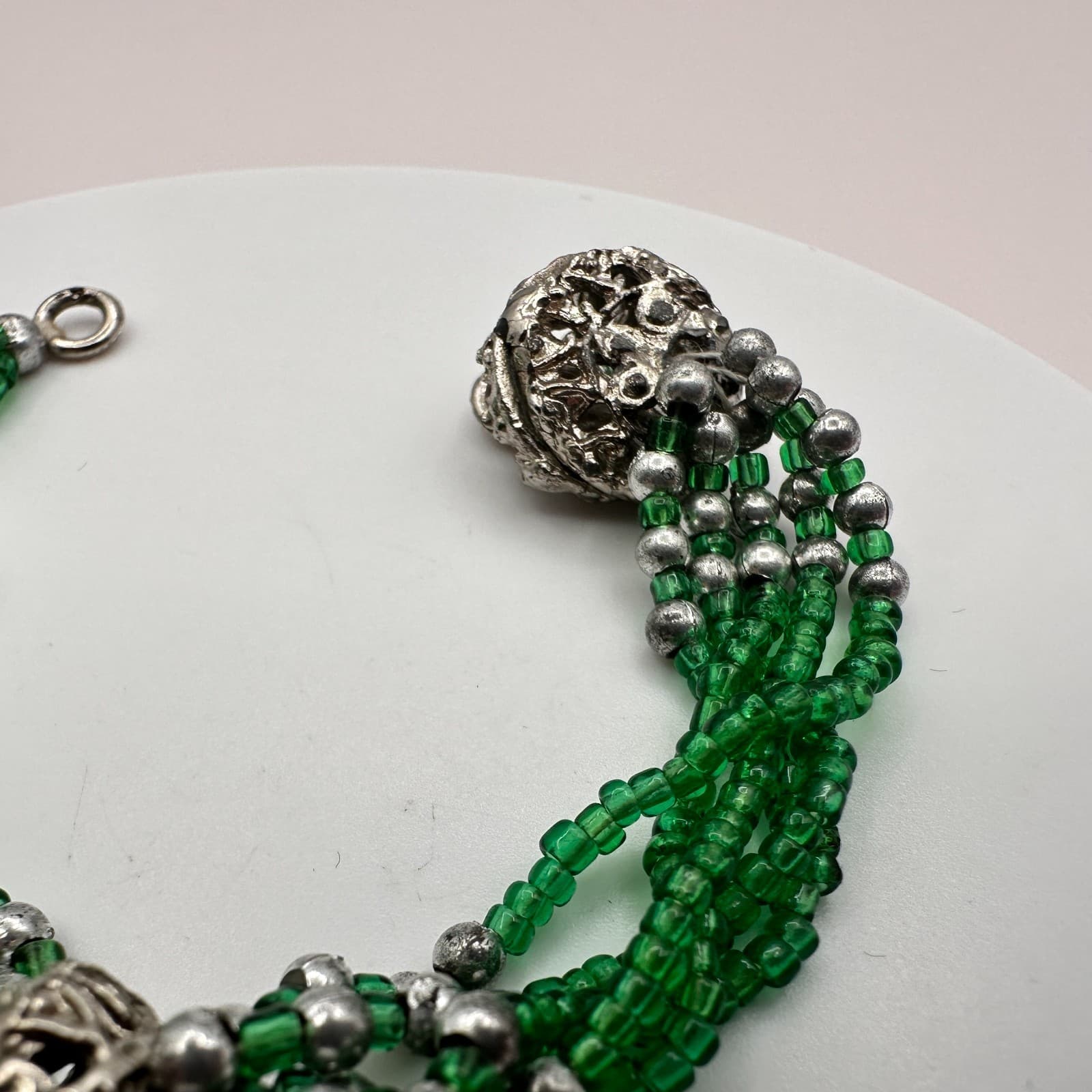 Vintage 90s Silver Tone Multi-Strand Green Bead Bracelet Boho Statement Jewelry - Thumbnail 5