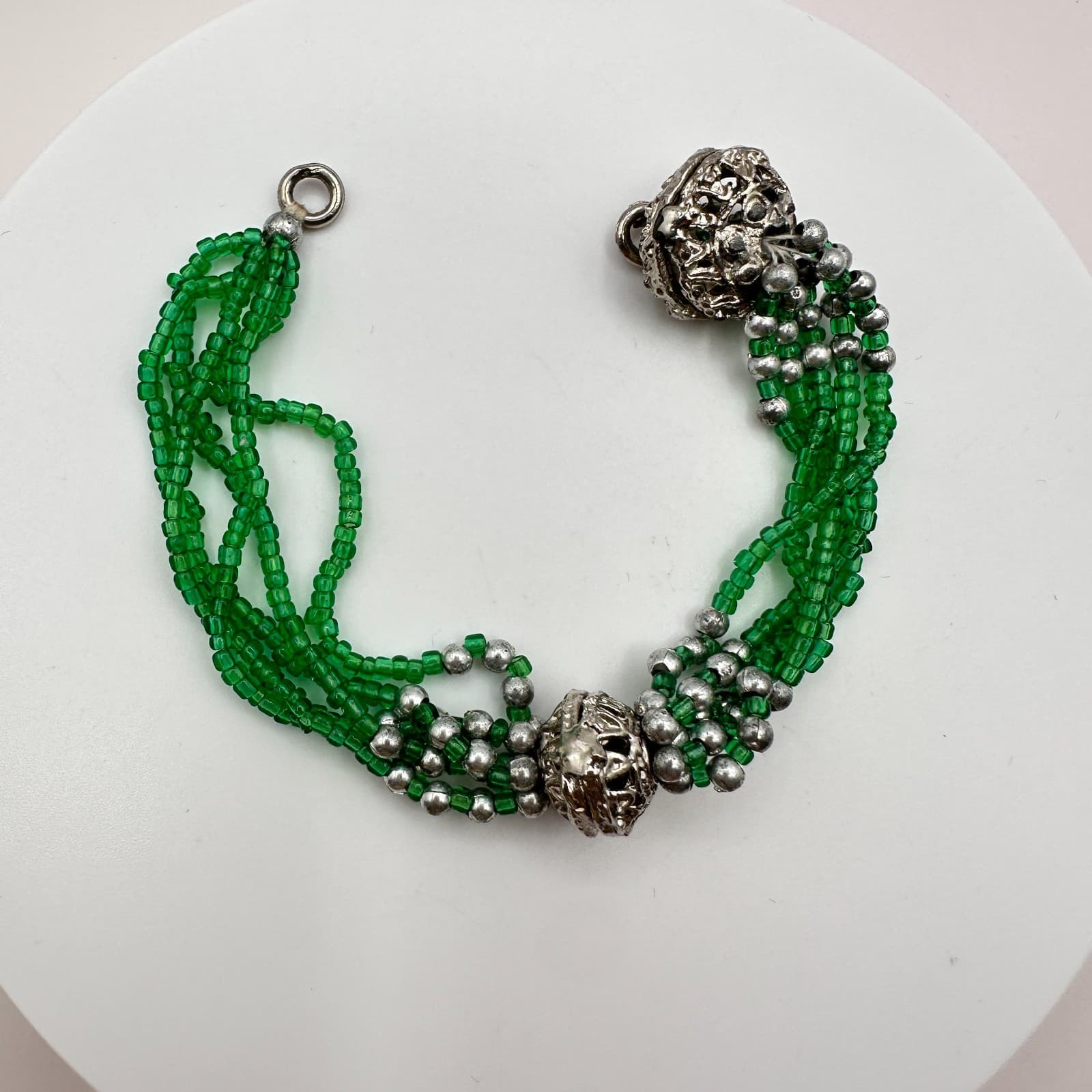 Vintage 90s Silver Tone Multi-Strand Green Bead Bracelet Boho Statement Jewelry - Thumbnail 3
