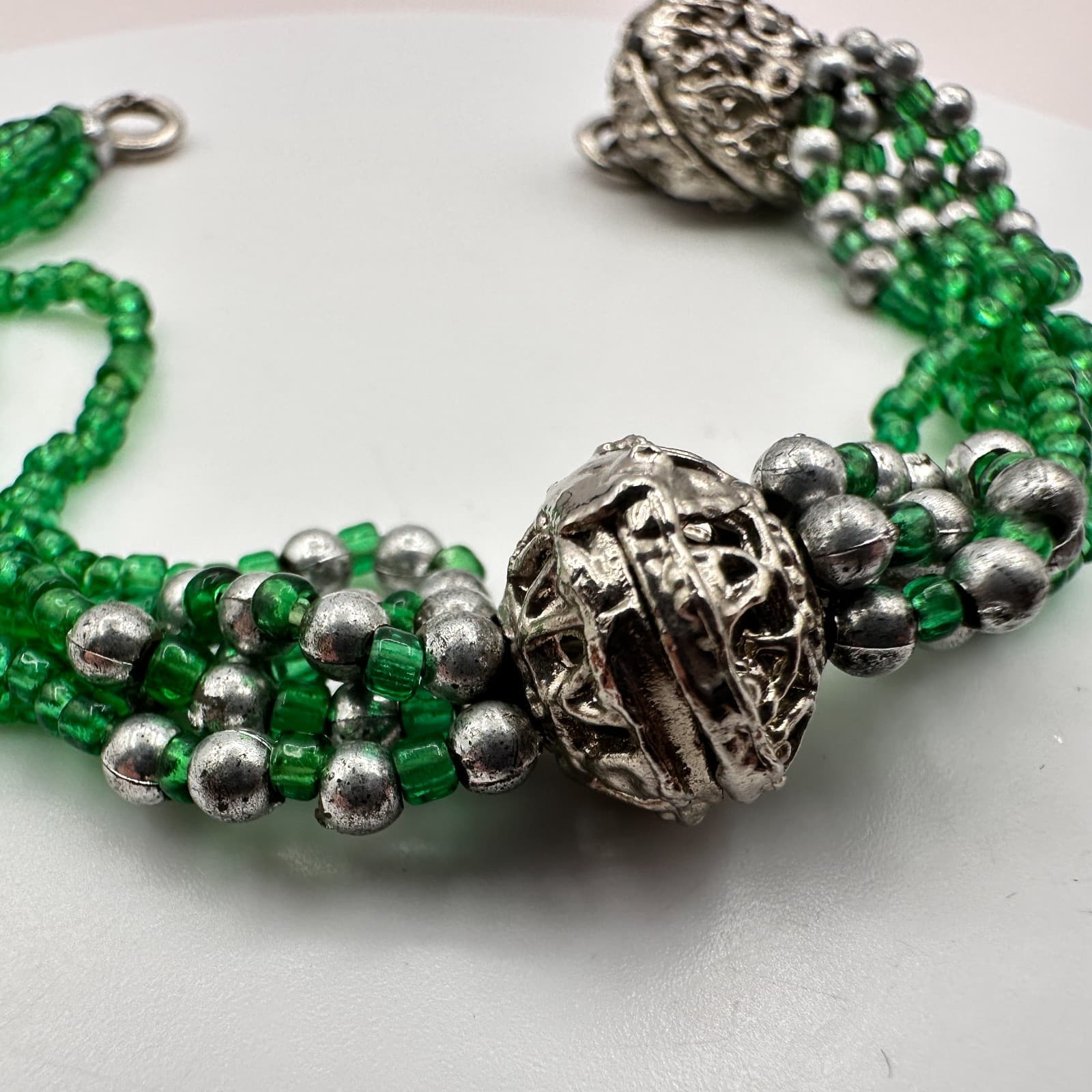 Vintage 90s Silver Tone Multi-Strand Green Bead Bracelet Boho Statement Jewelry - Thumbnail 4