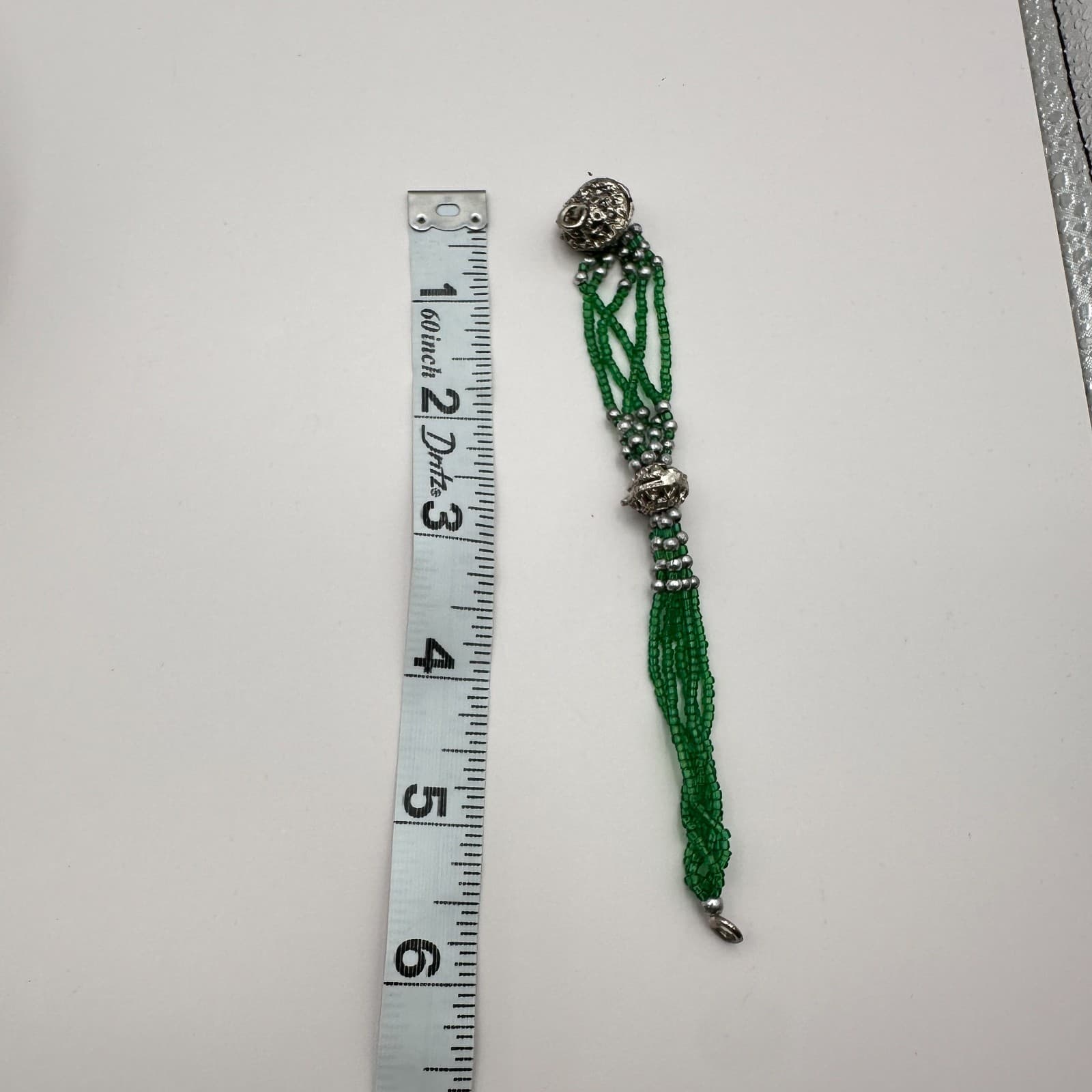 Vintage 90s Silver Tone Multi-Strand Green Bead Bracelet Boho Statement Jewelry - Thumbnail 7