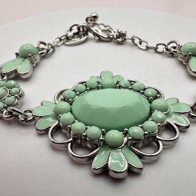 Vintage 90s Charming Charlie Silver Tone Mint Green Cabochon Floral Bracelet - Thumbnail 4