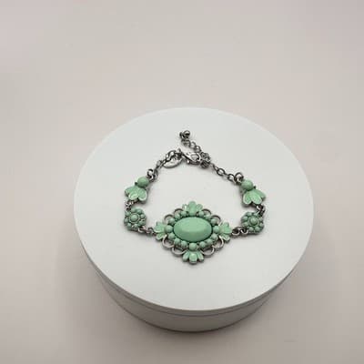 Vintage 90s Charming Charlie Silver Tone Mint Green Cabochon Floral Bracelet - Thumbnail 3
