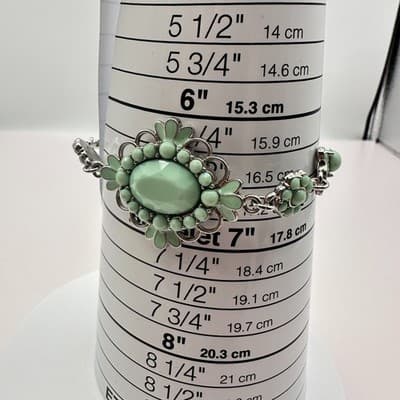 Vintage 90s Charming Charlie Silver Tone Mint Green Cabochon Floral Bracelet - Thumbnail 8