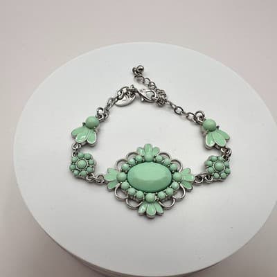 Vintage 90s Charming Charlie Silver Tone Mint Green Cabochon Floral Bracelet - Thumbnail 2