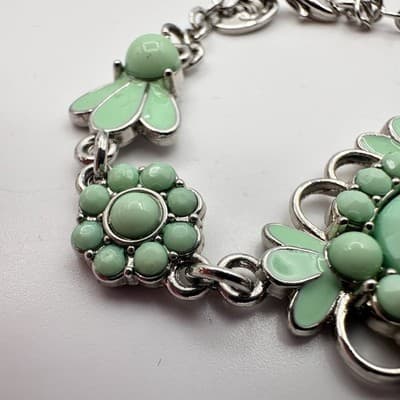 Vintage 90s Charming Charlie Silver Tone Mint Green Cabochon Floral Bracelet - Thumbnail 5