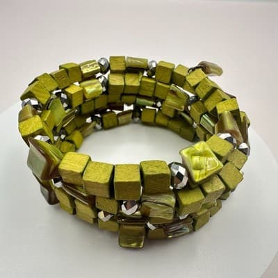 Vintage Y2K Shell & Wooden Beaded Memory Wire Wrap Bracelet Statement Jewelry - Thumbnail 6