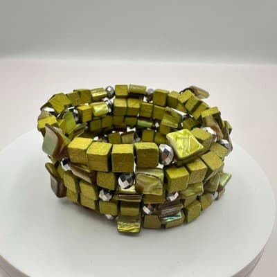 Vintage Y2K Shell & Wooden Beaded Memory Wire Wrap Bracelet Statement Jewelry - Thumbnail 2