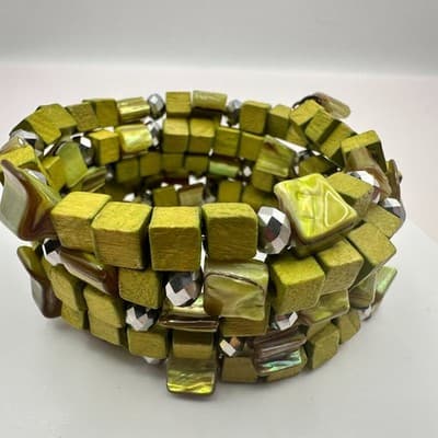 Vintage Y2K Shell & Wooden Beaded Memory Wire Wrap Bracelet Statement Jewelry - Thumbnail 3
