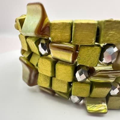 Vintage Y2K Shell & Wooden Beaded Memory Wire Wrap Bracelet Statement Jewelry - Thumbnail 4