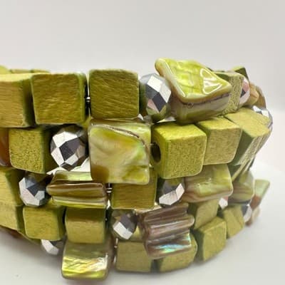 Vintage Y2K Shell & Wooden Beaded Memory Wire Wrap Bracelet Statement Jewelry - Thumbnail 7