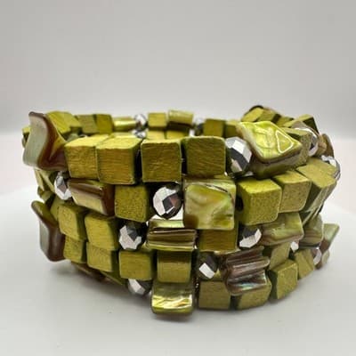 Vintage Y2K Shell & Wooden Beaded Memory Wire Wrap Bracelet Statement Jewelry - Thumbnail 5