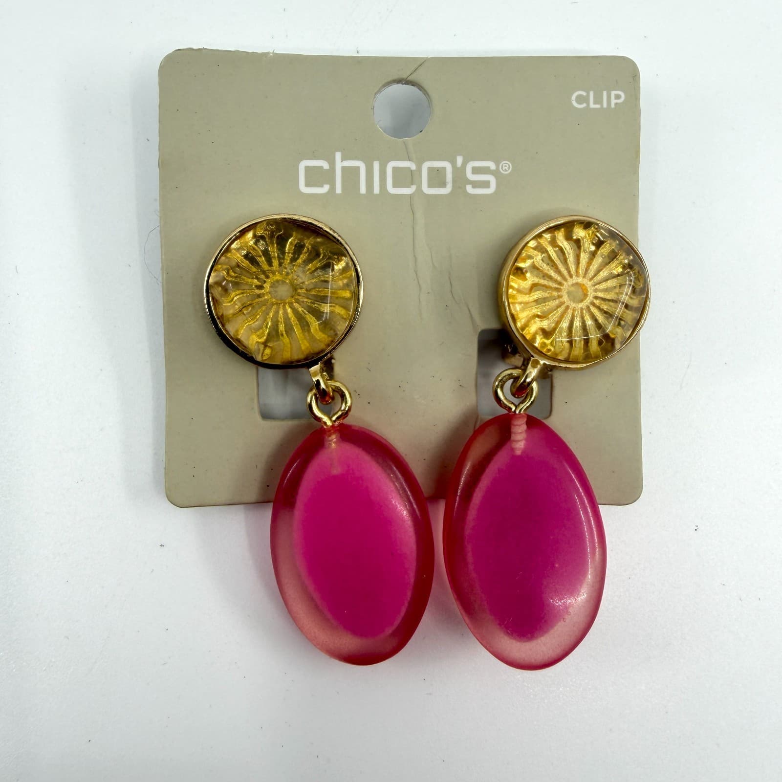 Chicos Gold Tone Hot Pink Translucent Oval Lucite Dangle Clip On Earrings Y2K