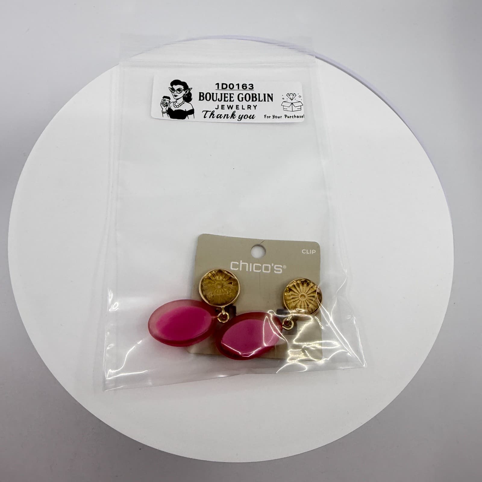 Chicos Gold Tone Hot Pink Translucent Oval Lucite Dangle Clip On Earrings Y2K - Thumbnail 10