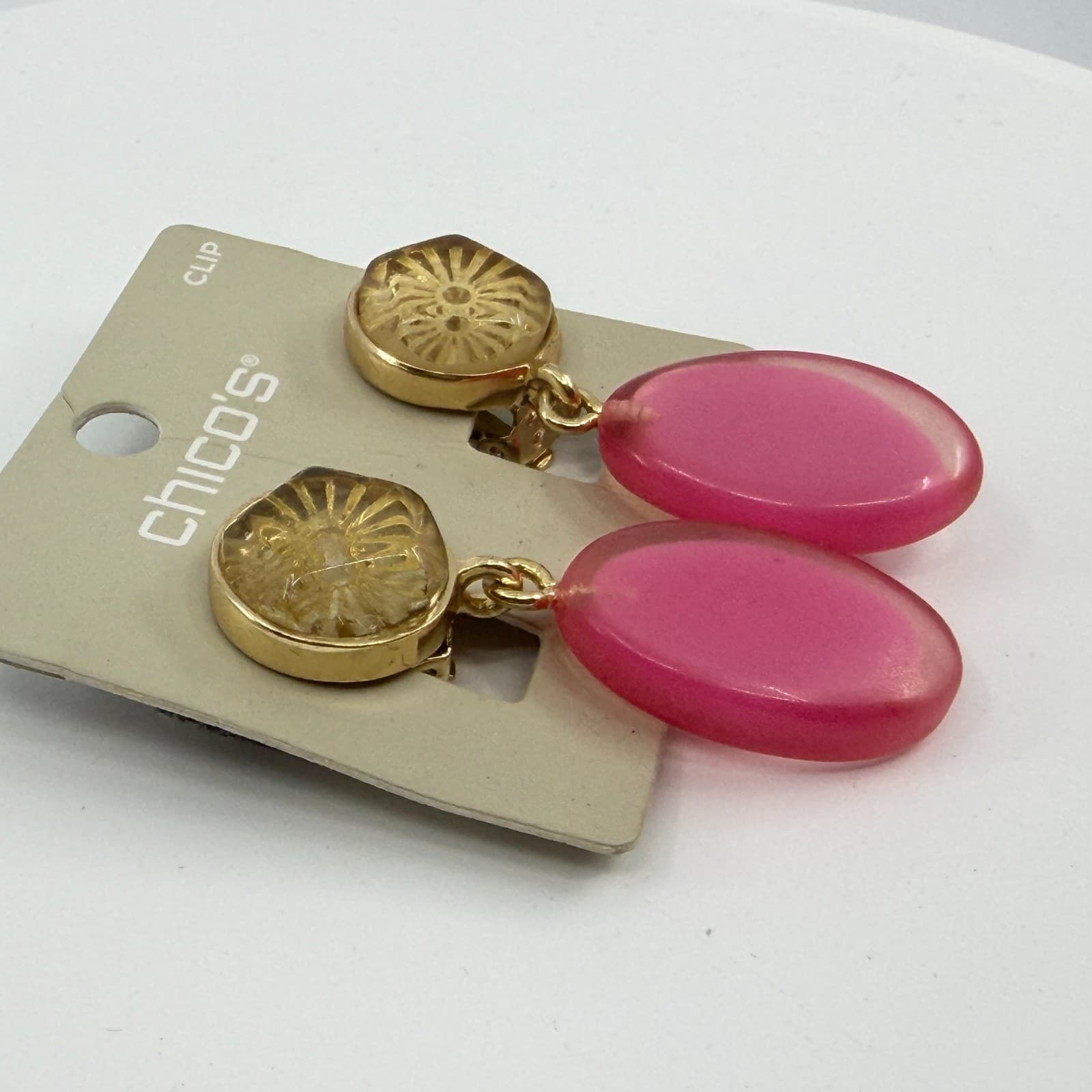 Chicos Gold Tone Hot Pink Translucent Oval Lucite Dangle Clip On Earrings Y2K - Thumbnail 6
