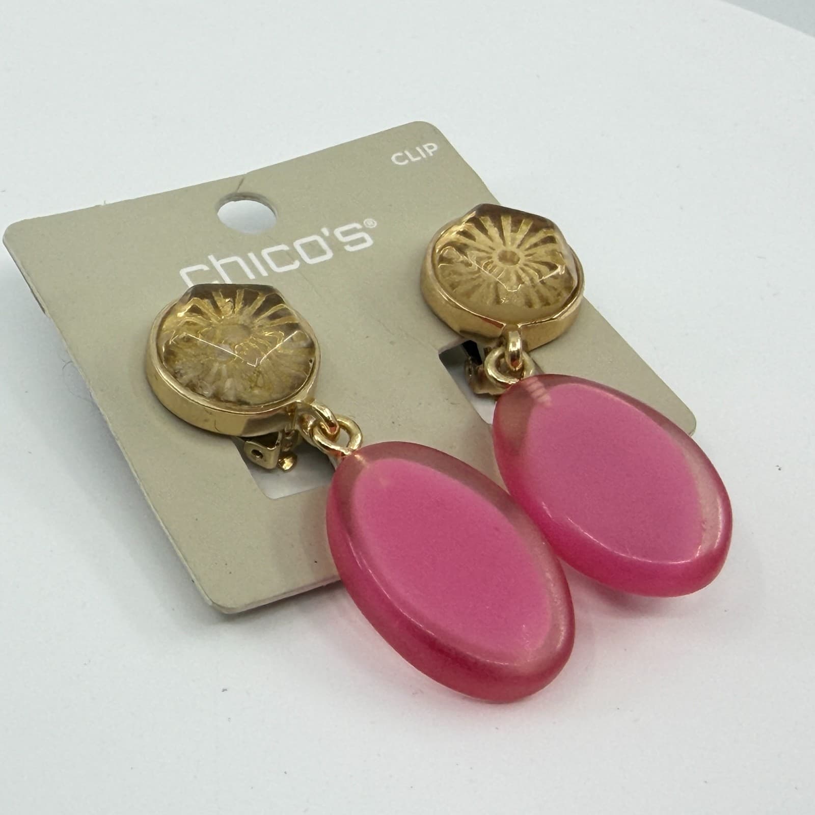 Chicos Gold Tone Hot Pink Translucent Oval Lucite Dangle Clip On Earrings Y2K - Thumbnail 7