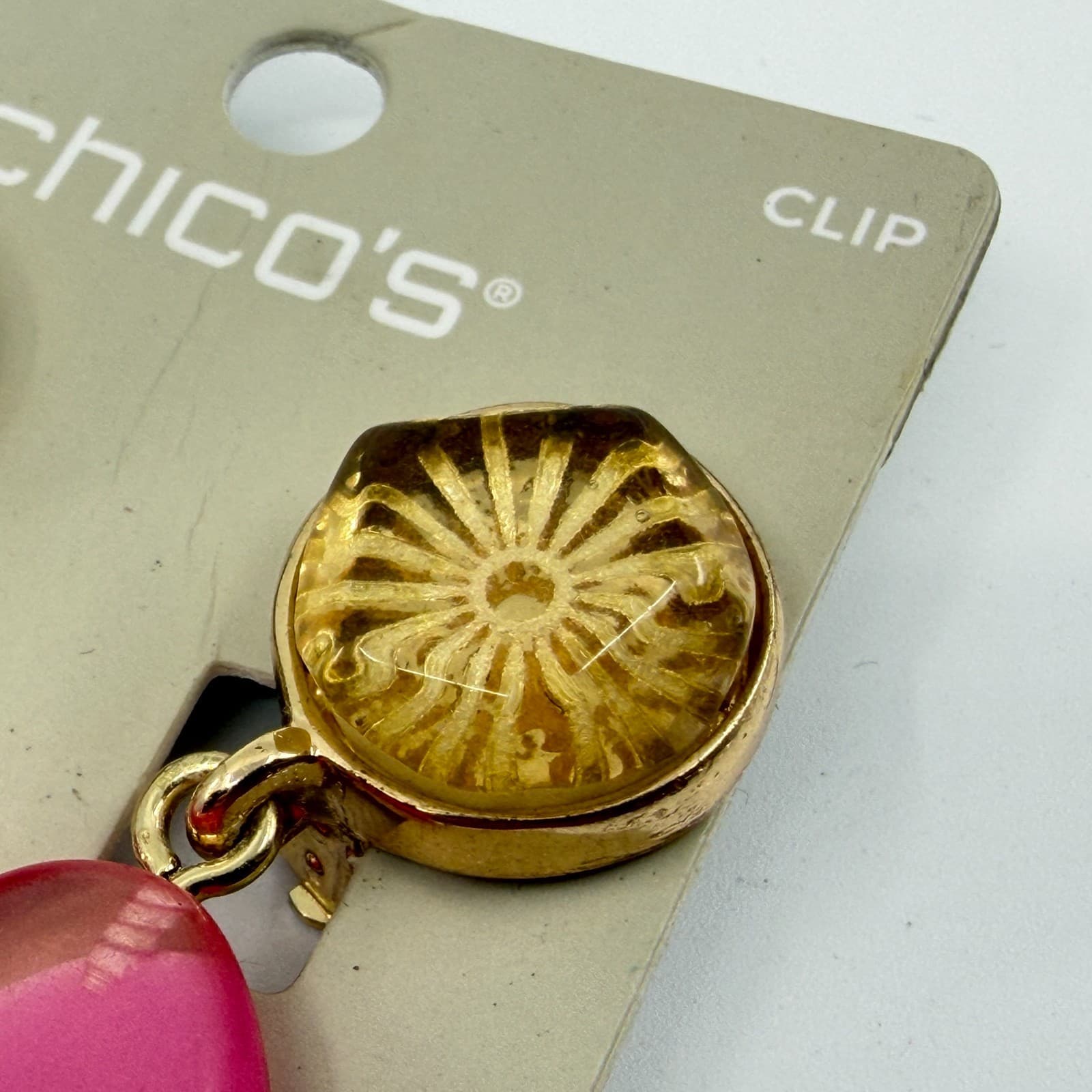 Chicos Gold Tone Hot Pink Translucent Oval Lucite Dangle Clip On Earrings Y2K - Thumbnail 5