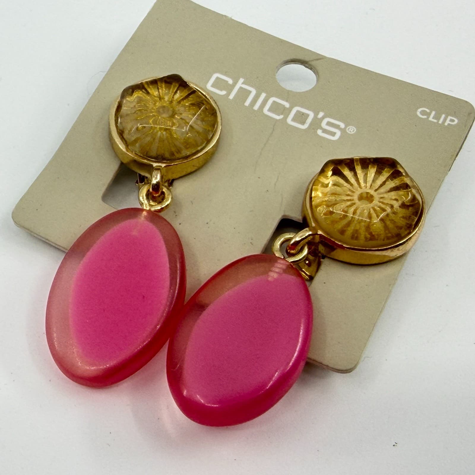 Chicos Gold Tone Hot Pink Translucent Oval Lucite Dangle Clip On Earrings Y2K - Thumbnail 3