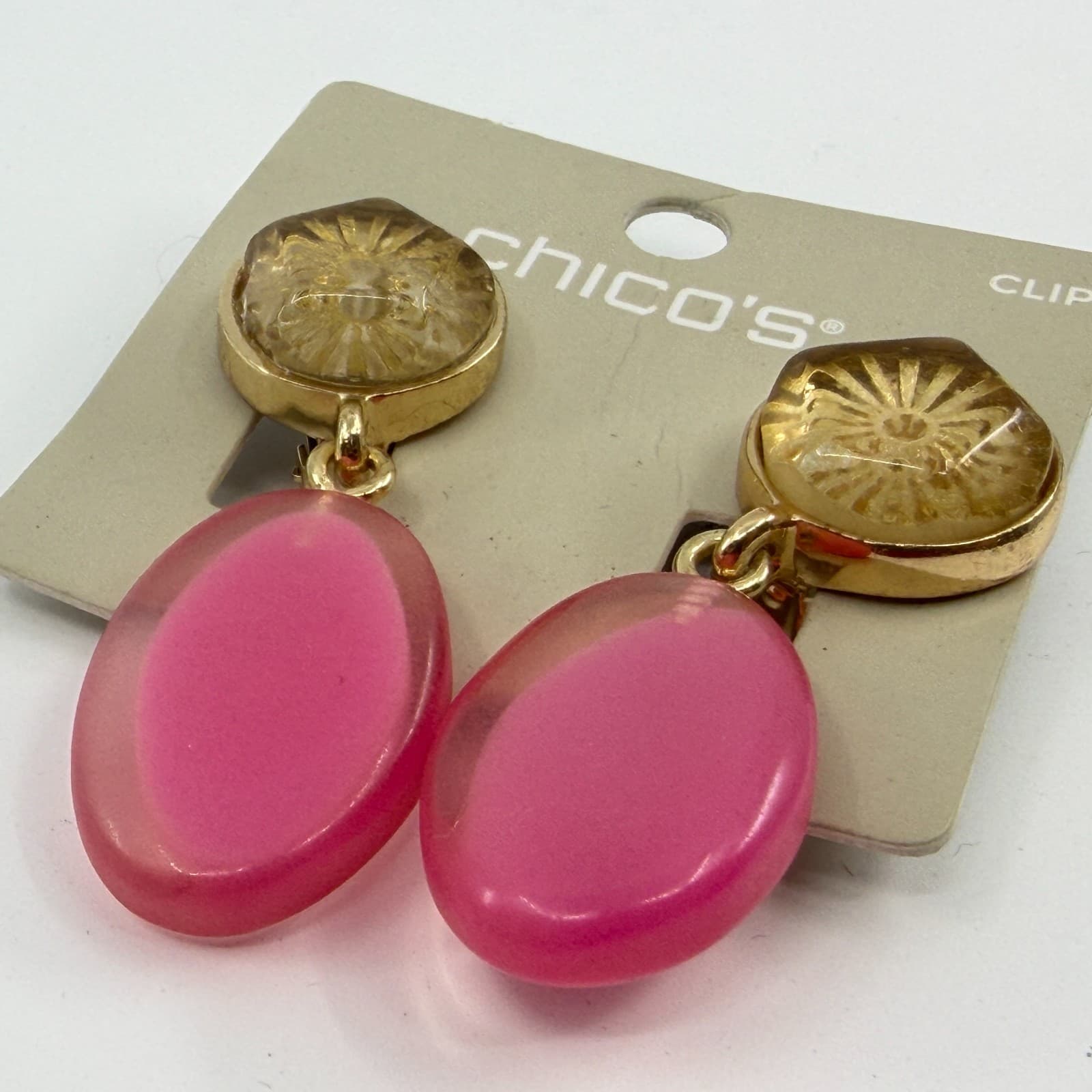 Chicos Gold Tone Hot Pink Translucent Oval Lucite Dangle Clip On Earrings Y2K - Thumbnail 4