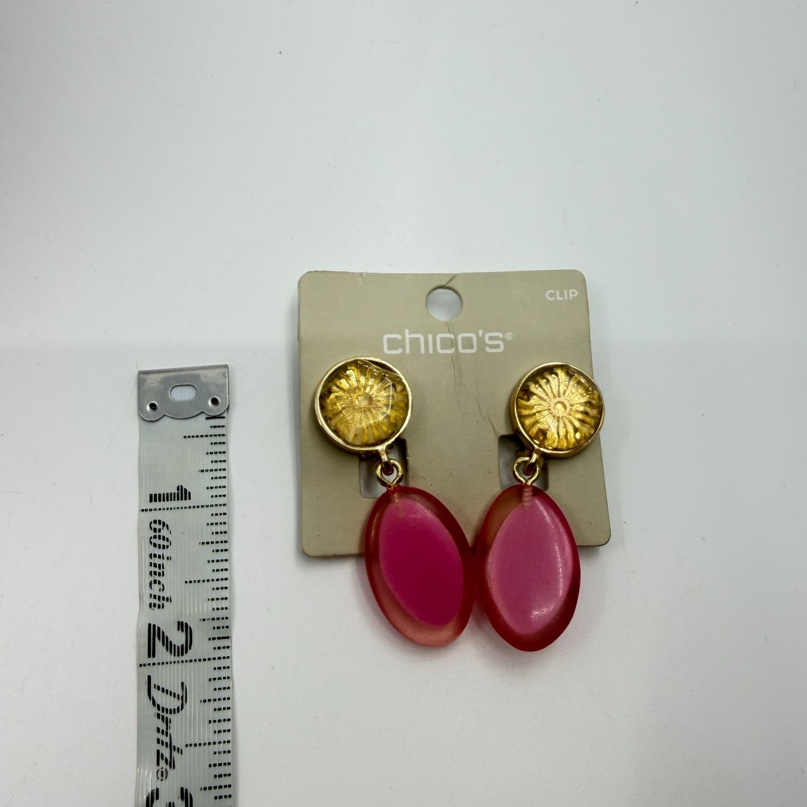 Chicos Gold Tone Hot Pink Translucent Oval Lucite Dangle Clip On Earrings Y2K - Thumbnail 9