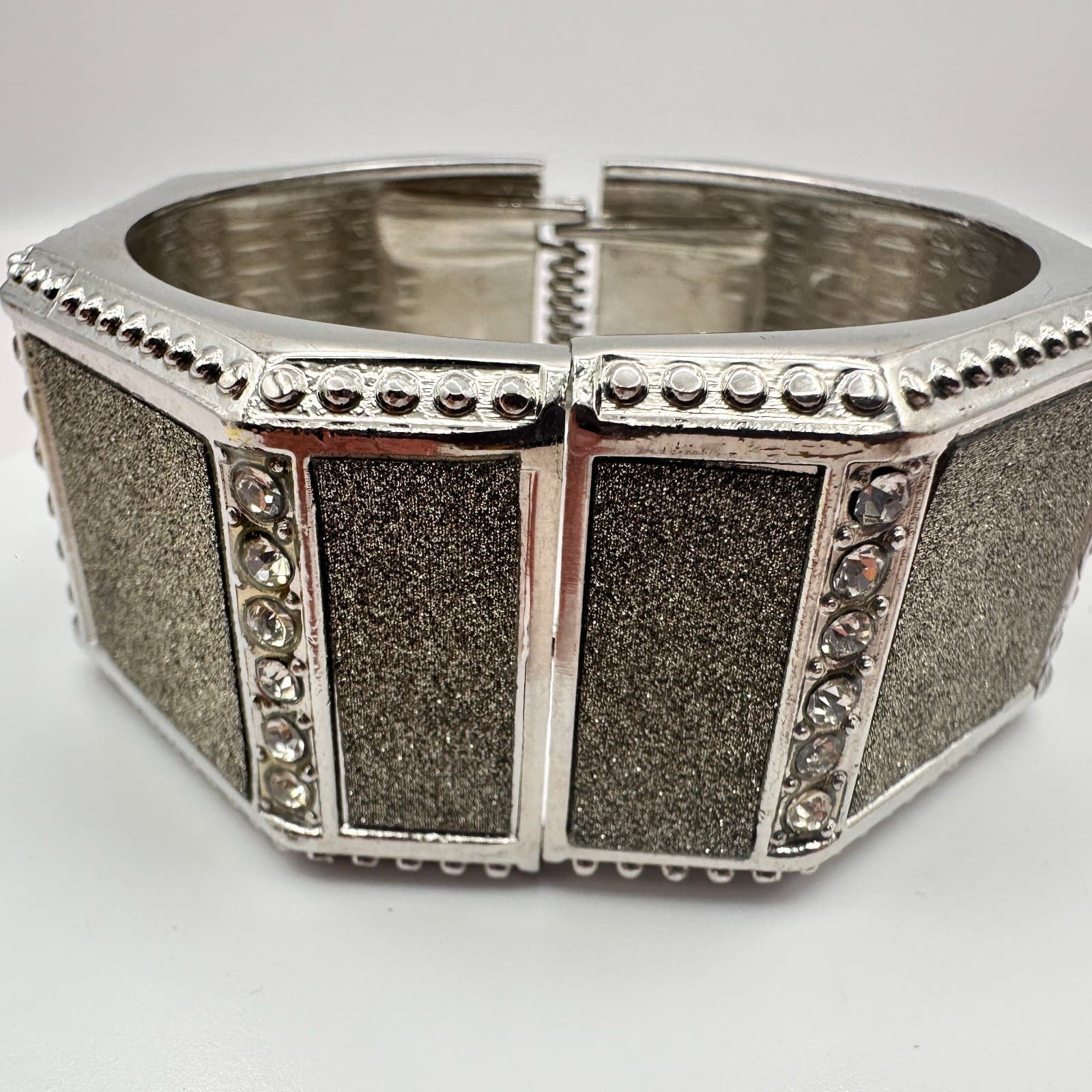 Vintage 90s Y2K Rhinestone Glitter Panel Silver Tone Wide Cuff Bracelet Jewelry - Thumbnail 3