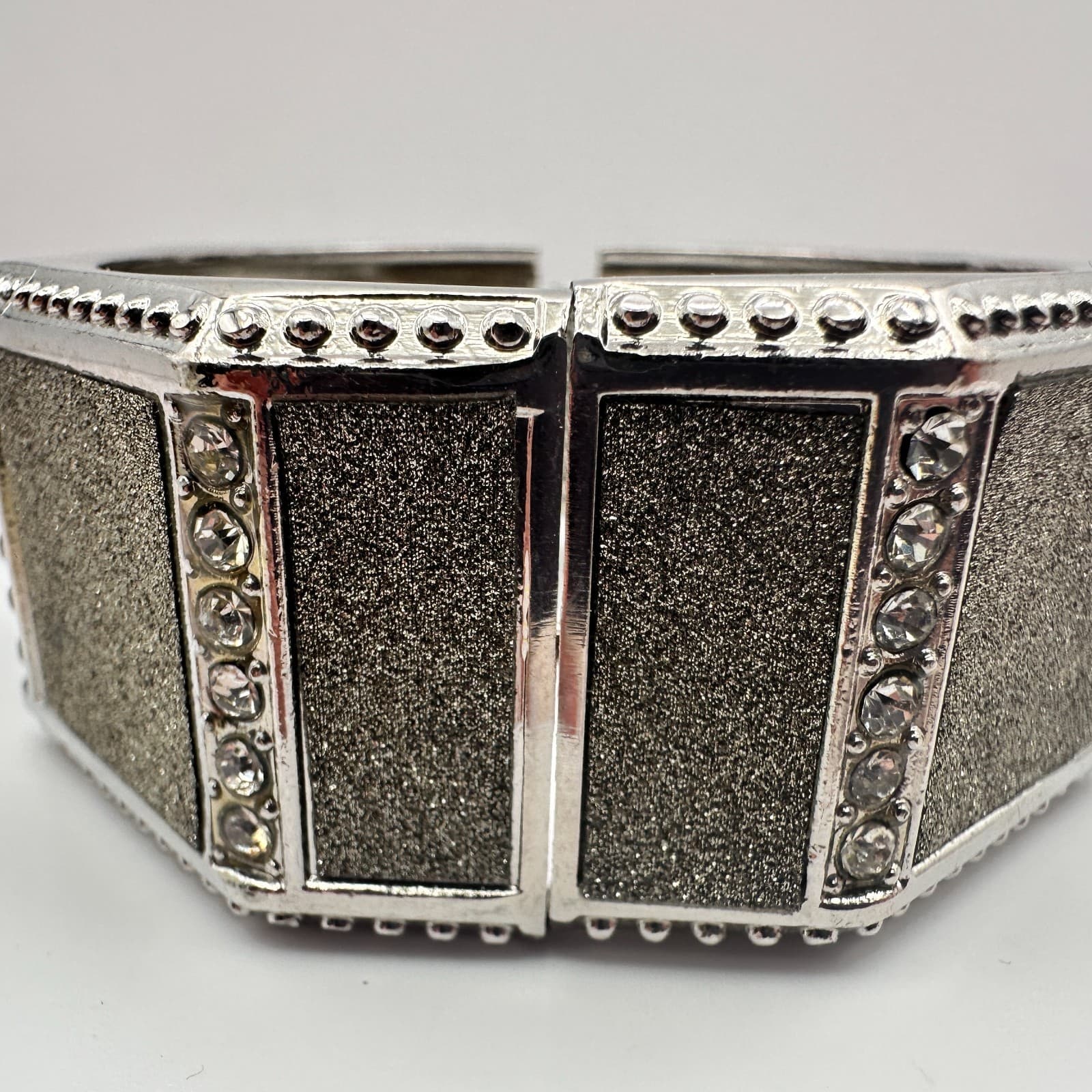 Vintage 90s Y2K Rhinestone Glitter Panel Silver Tone Wide Cuff Bracelet Jewelry - Thumbnail 4