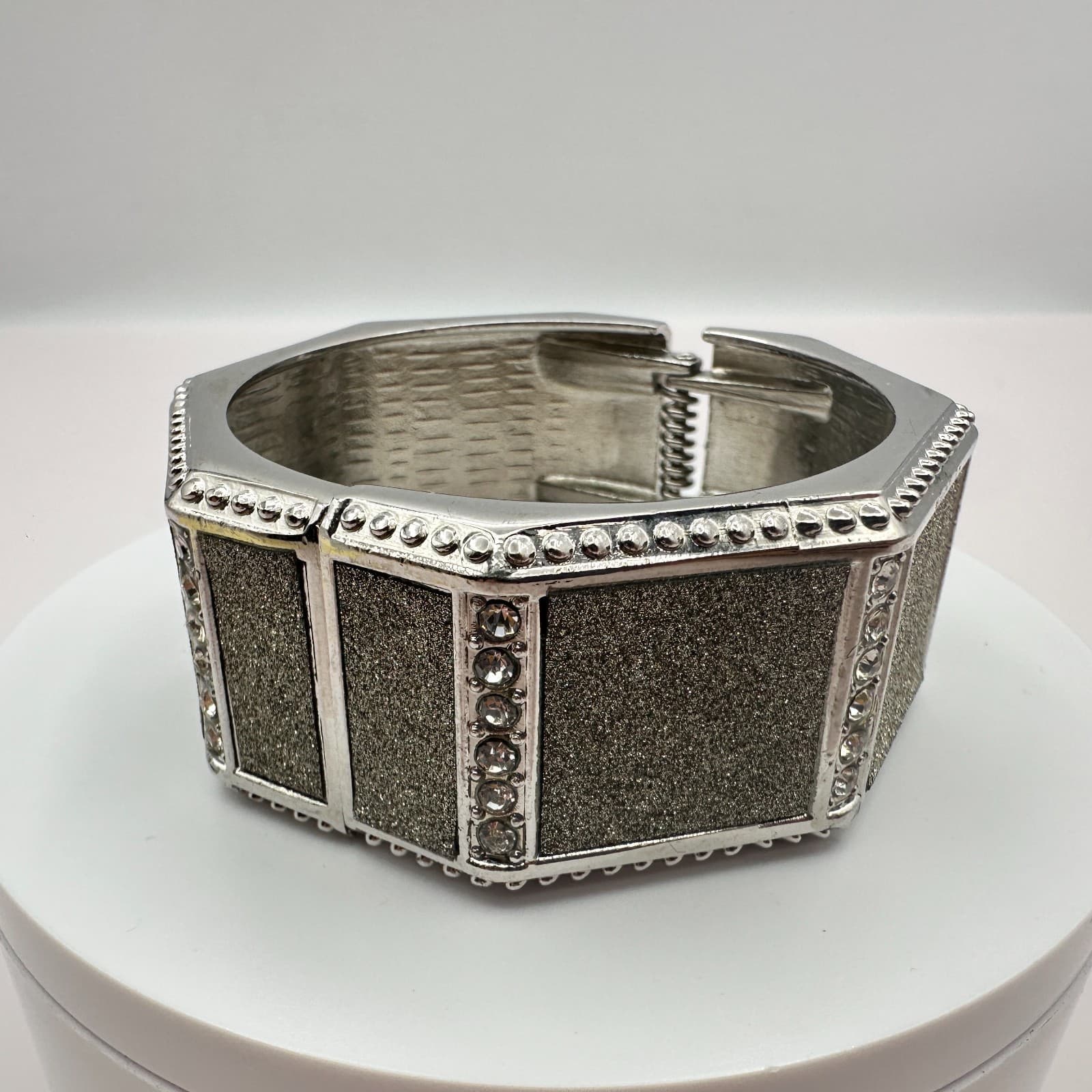 Vintage 90s Y2K Rhinestone Glitter Panel Silver Tone Wide Cuff Bracelet Jewelry - Thumbnail 6
