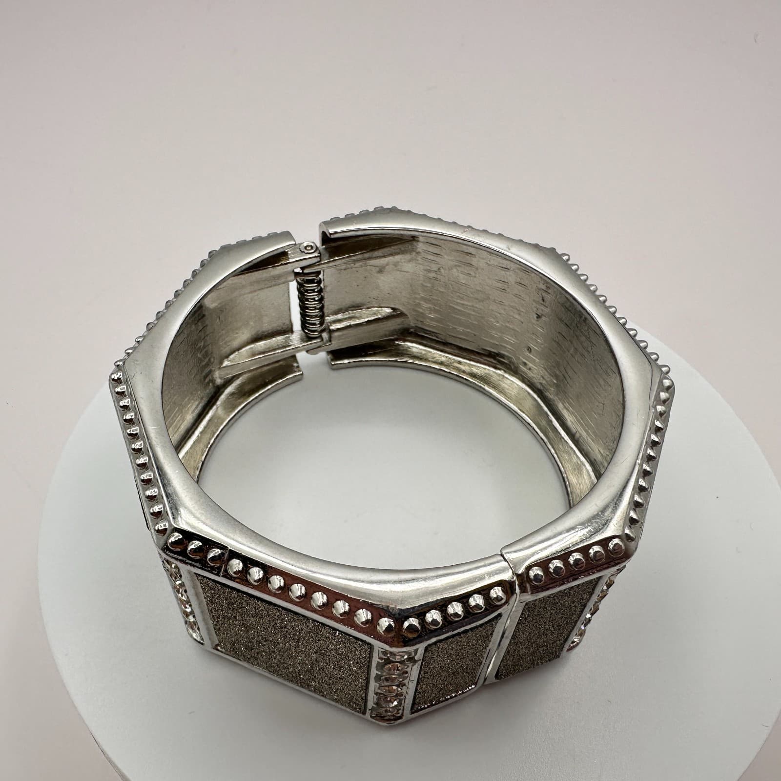 Vintage 90s Y2K Rhinestone Glitter Panel Silver Tone Wide Cuff Bracelet Jewelry - Thumbnail 5