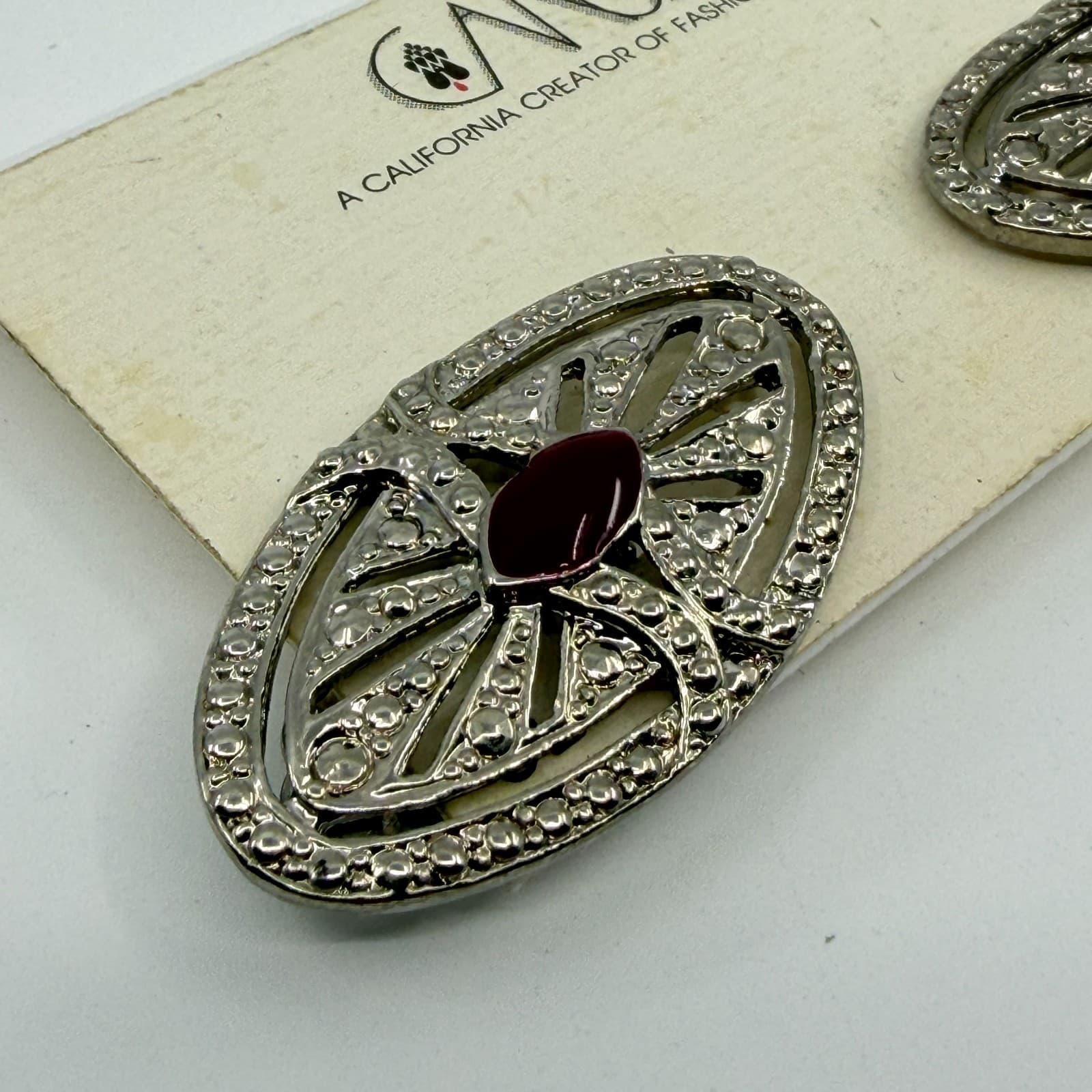 Vintage Carole California Silver Tone Maroon Red Cabochon Clip On Earrings Y2K - Thumbnail 3