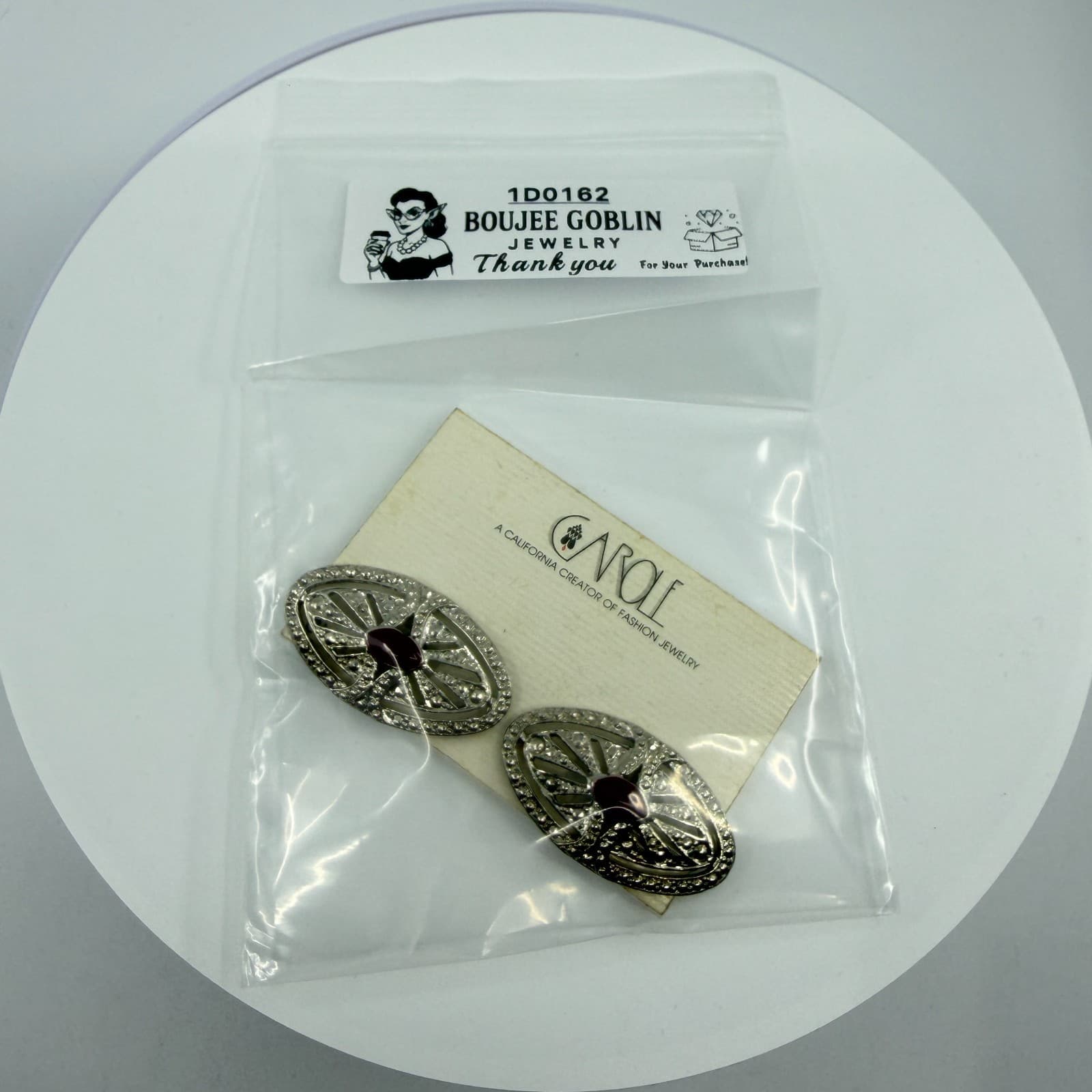 Vintage Carole California Silver Tone Maroon Red Cabochon Clip On Earrings Y2K - Thumbnail 10