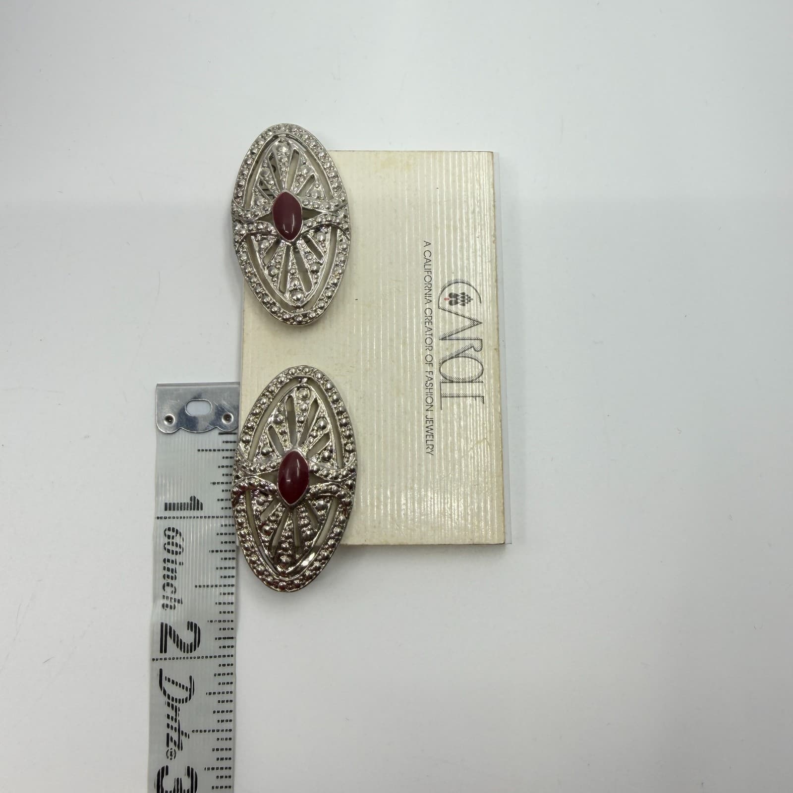 Vintage Carole California Silver Tone Maroon Red Cabochon Clip On Earrings Y2K - Thumbnail 9