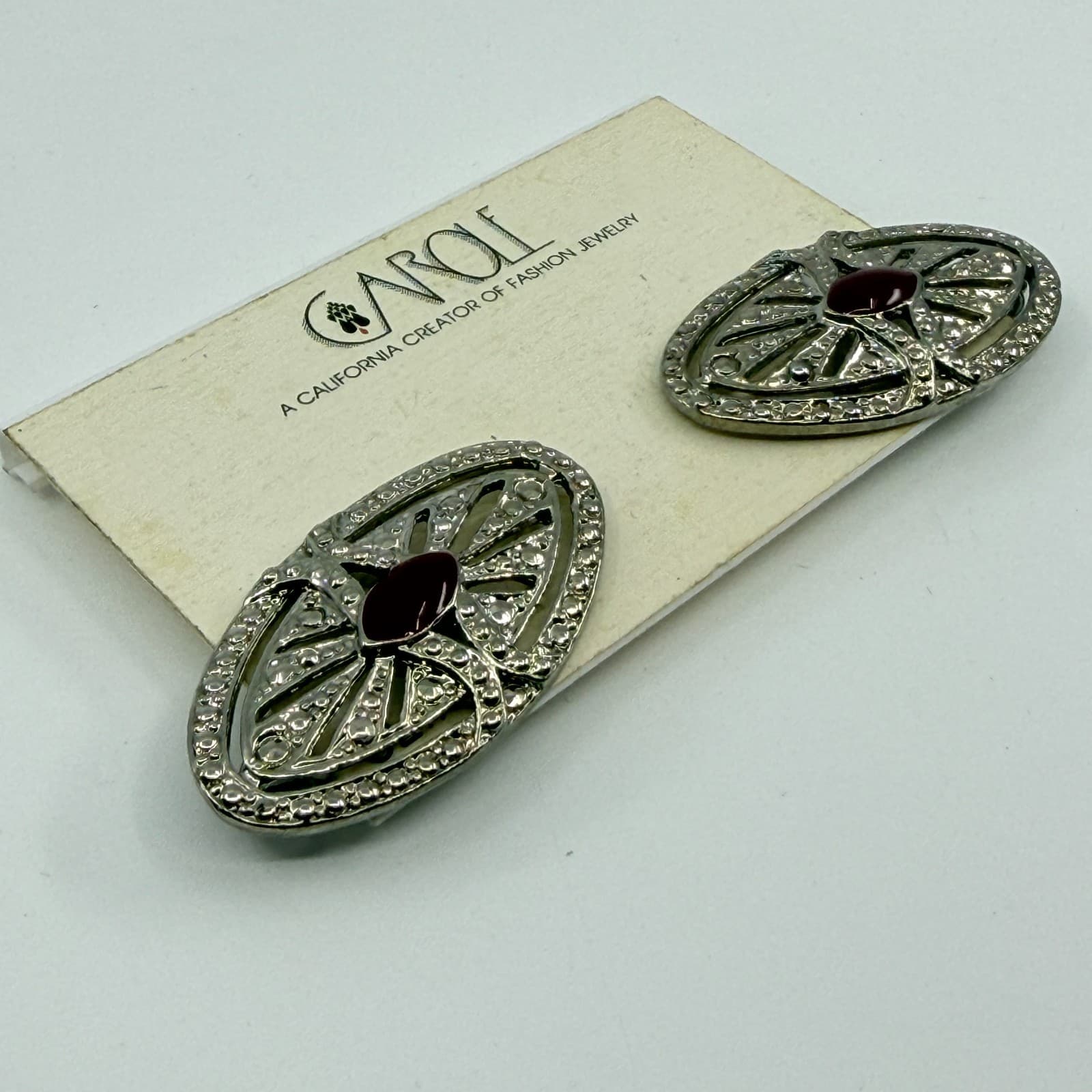 Vintage Carole California Silver Tone Maroon Red Cabochon Clip On Earrings Y2K - Thumbnail 4