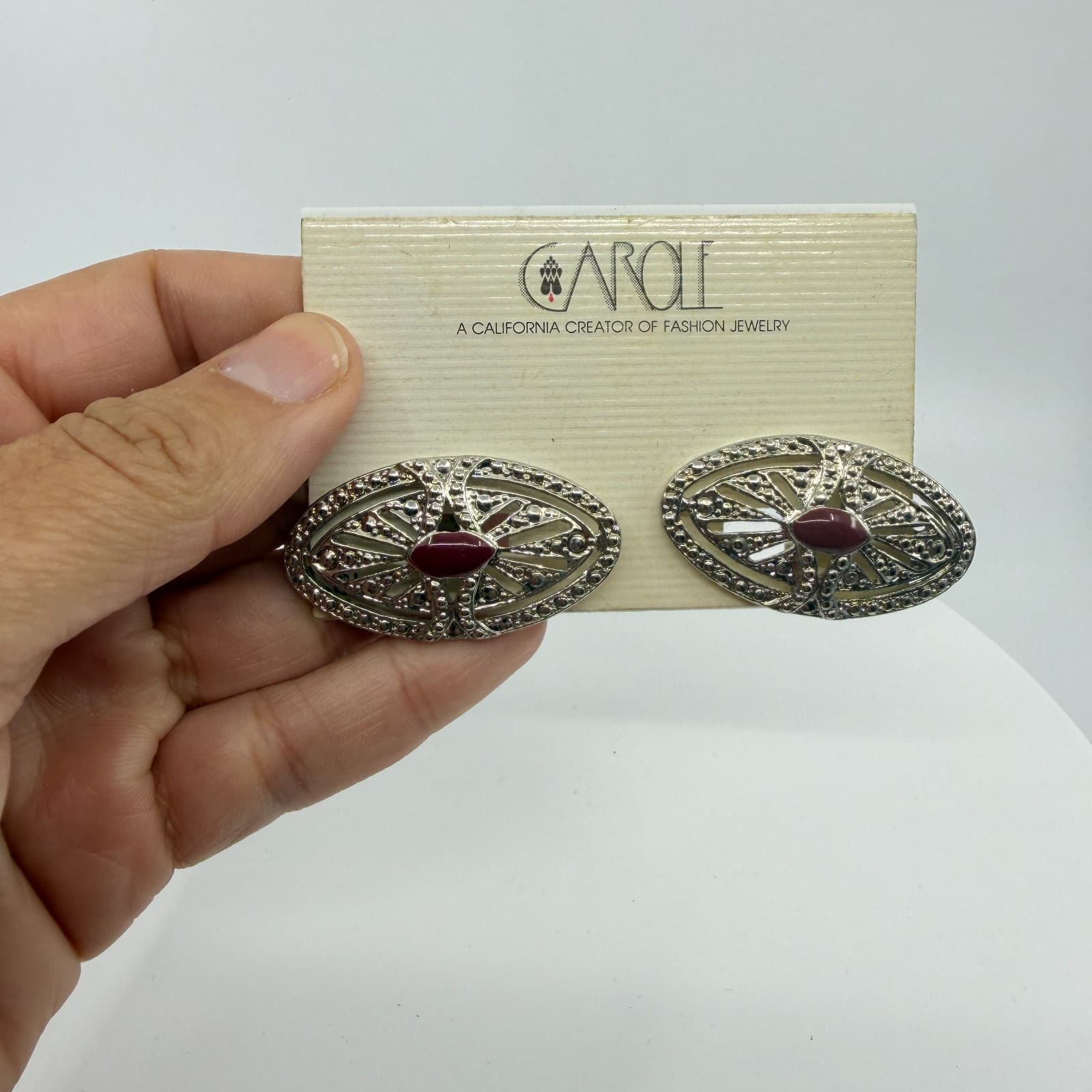 Vintage Carole California Silver Tone Maroon Red Cabochon Clip On Earrings Y2K - Thumbnail 8