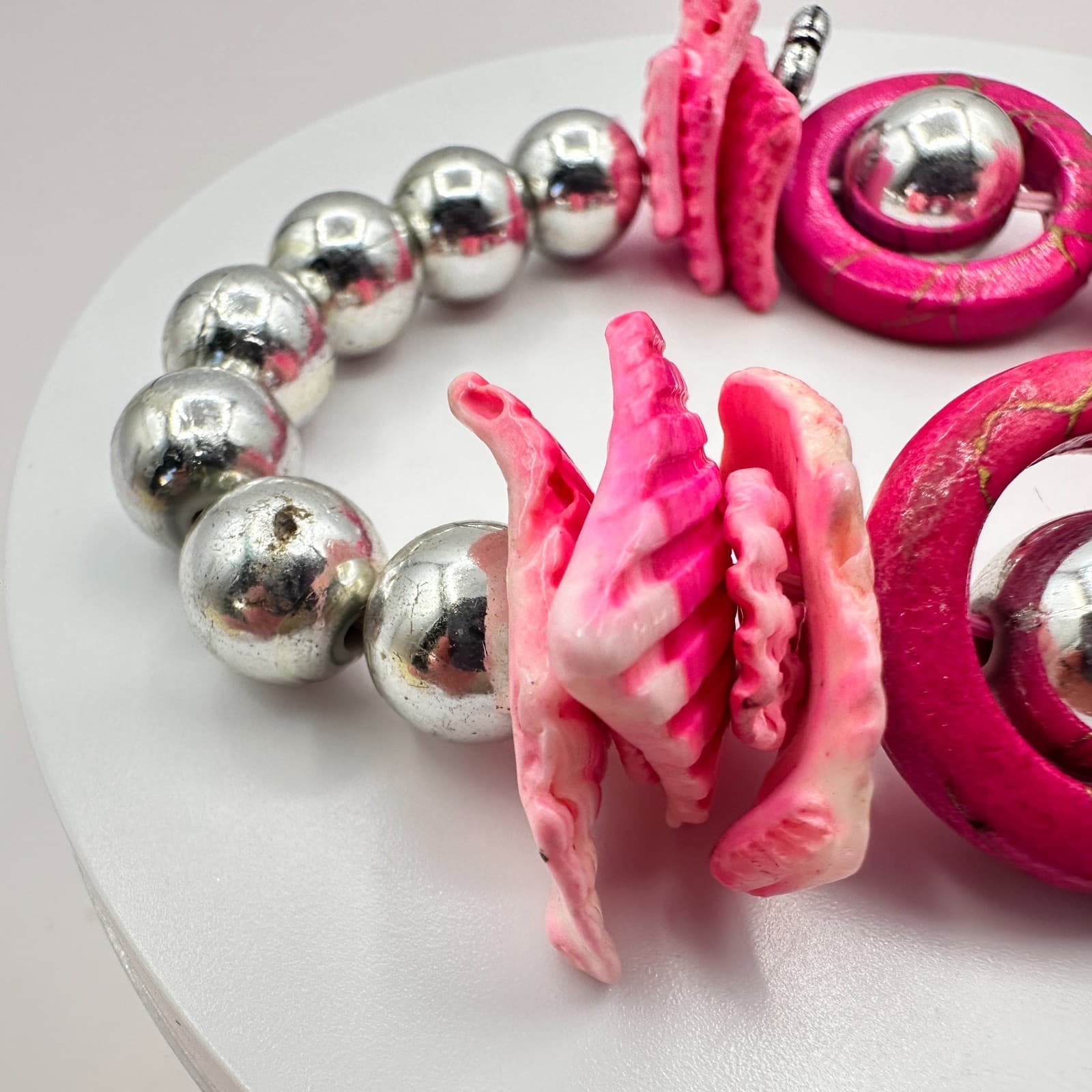 Vintage Pink Shell Stretch Bracelet Wood Hoop Silver Bead Key Feather Charm Boho - Thumbnail 8
