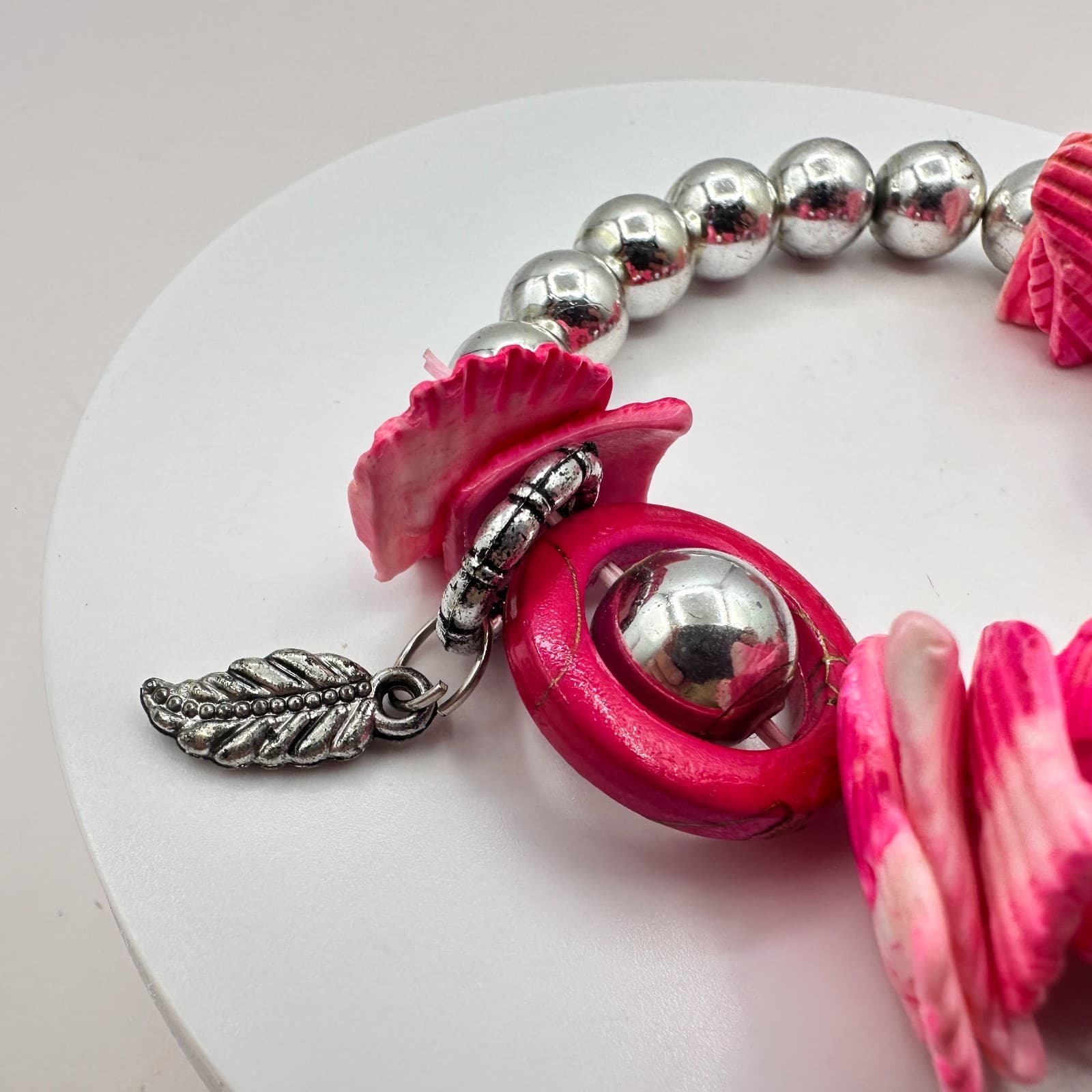 Vintage Pink Shell Stretch Bracelet Wood Hoop Silver Bead Key Feather Charm Boho - Thumbnail 5