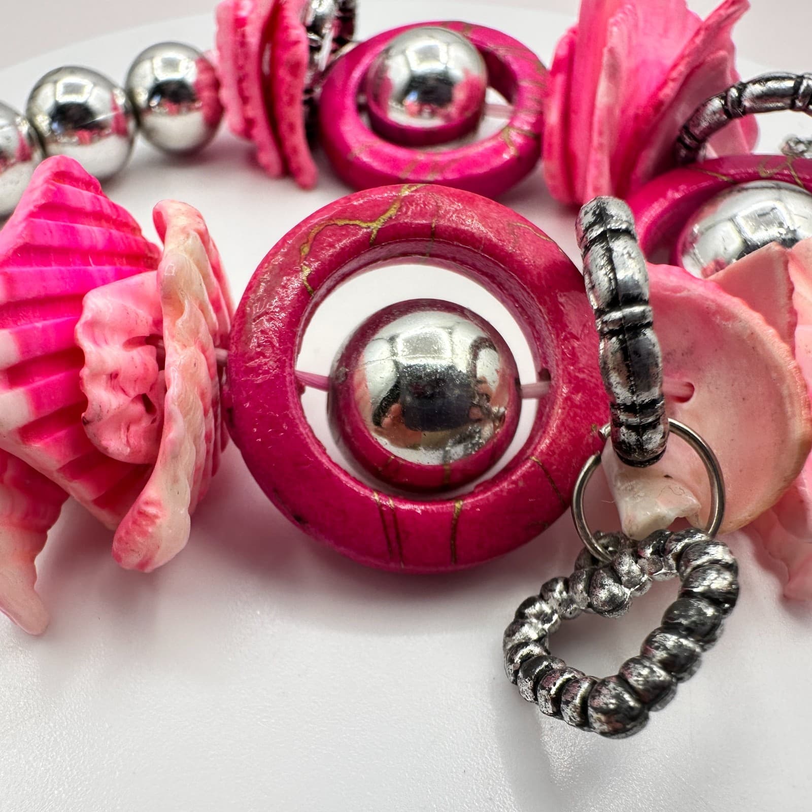 Vintage Pink Shell Stretch Bracelet Wood Hoop Silver Bead Key Feather Charm Boho - Thumbnail 7
