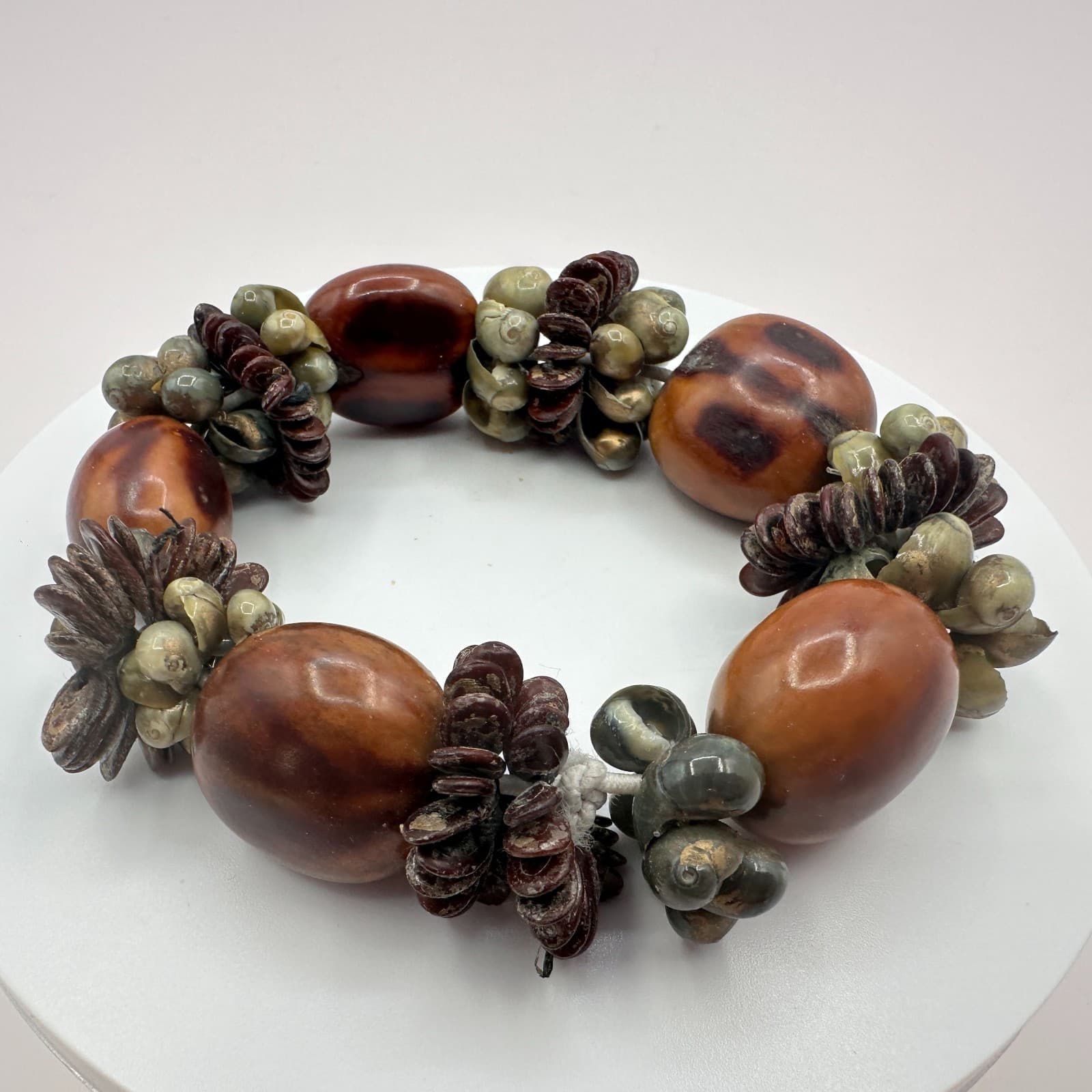 Vintage Brown Kukui Nut Bracelet Shell Wood Bead Stretch Chunky Luau Hawaii Boho - Thumbnail 4
