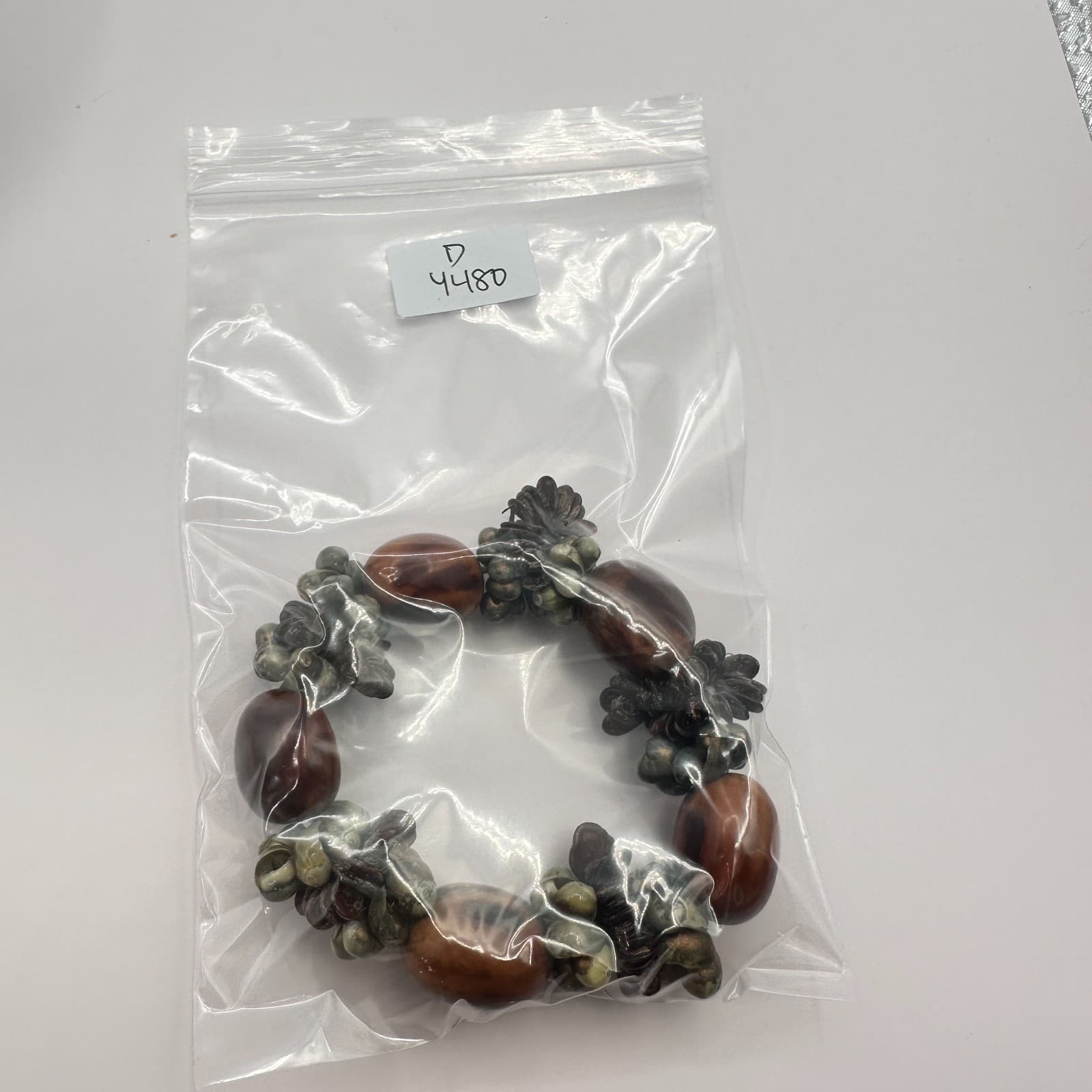 Vintage Brown Kukui Nut Bracelet Shell Wood Bead Stretch Chunky Luau Hawaii Boho - Thumbnail 9