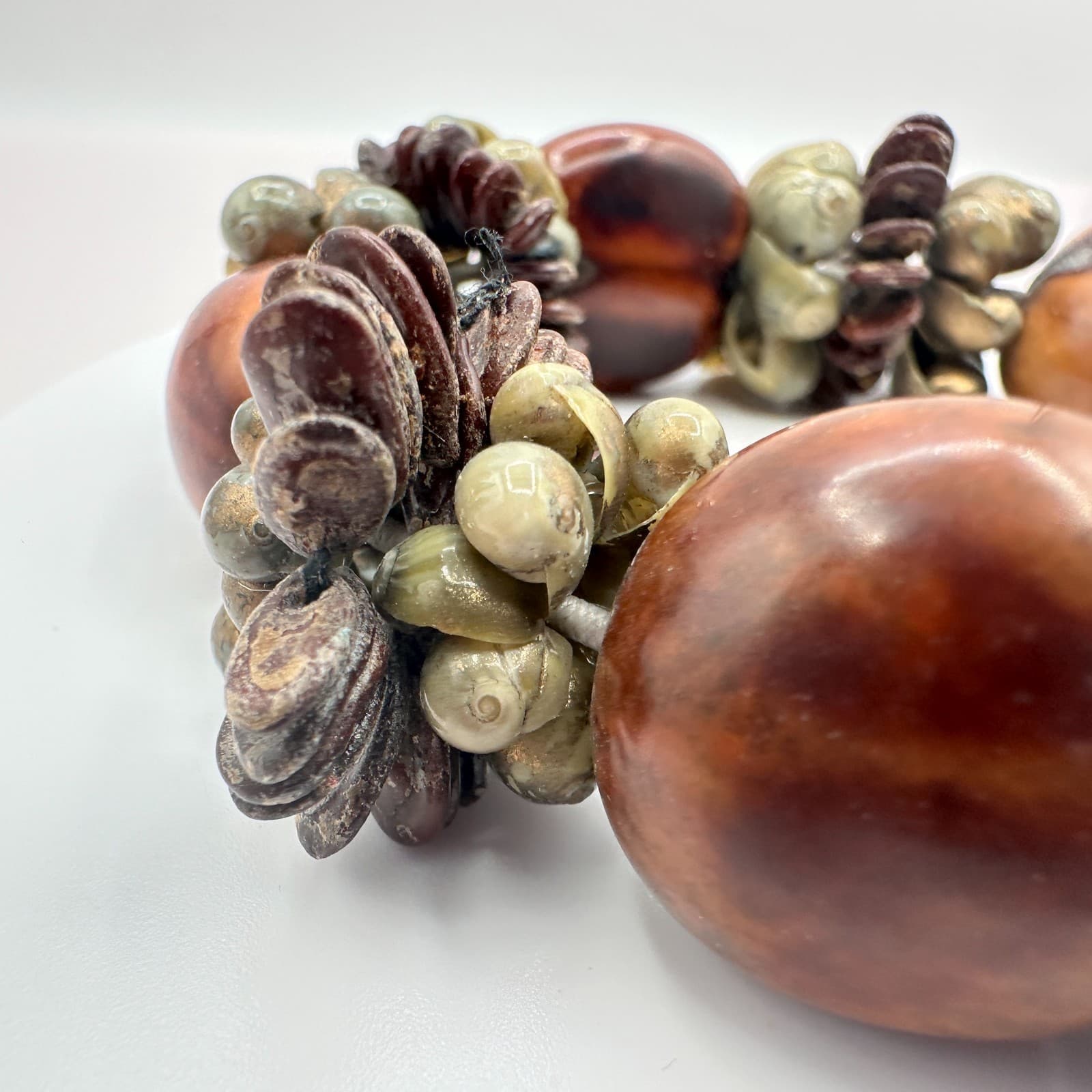 Vintage Brown Kukui Nut Bracelet Shell Wood Bead Stretch Chunky Luau Hawaii Boho - Thumbnail 5