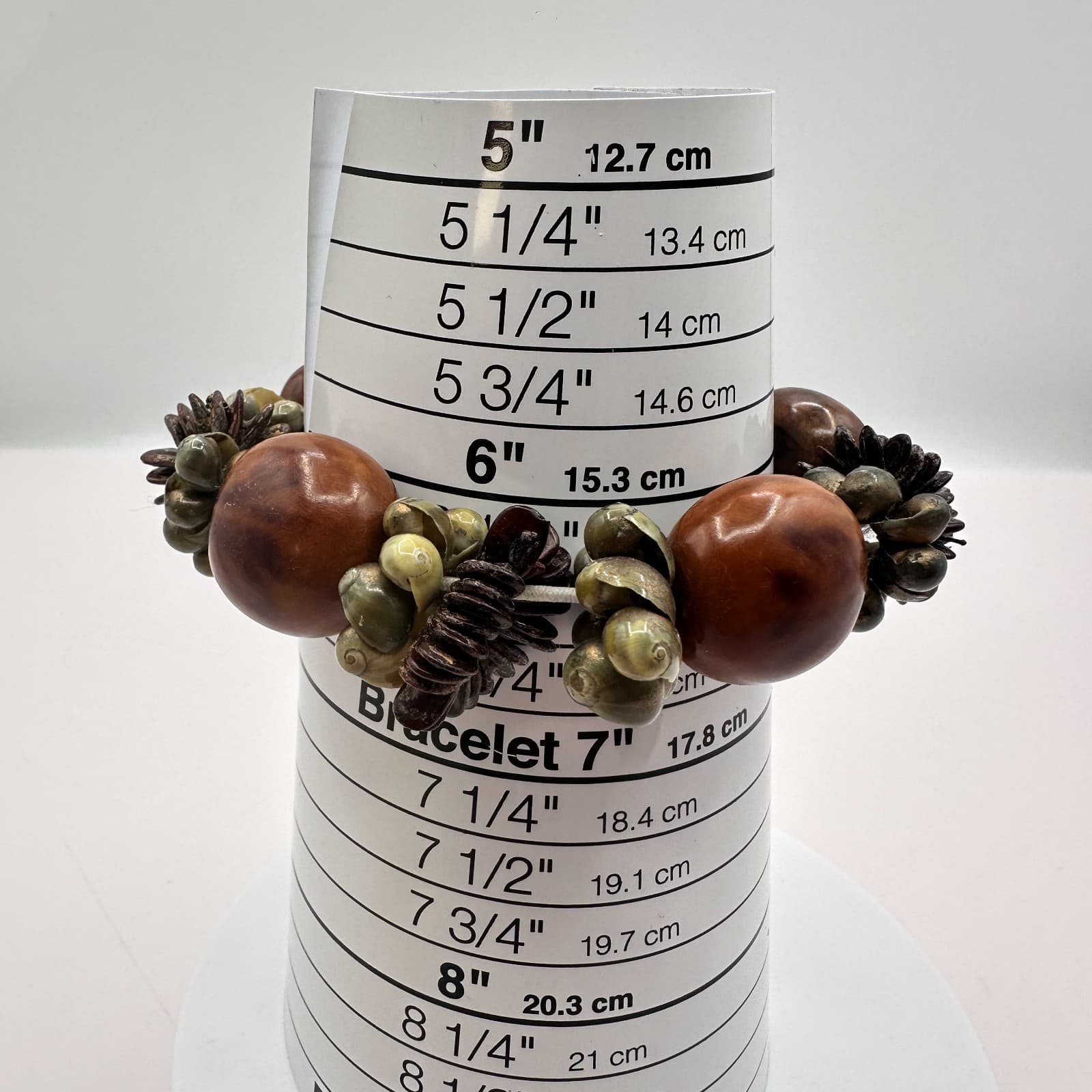 Vintage Brown Kukui Nut Bracelet Shell Wood Bead Stretch Chunky Luau Hawaii Boho - Thumbnail 8