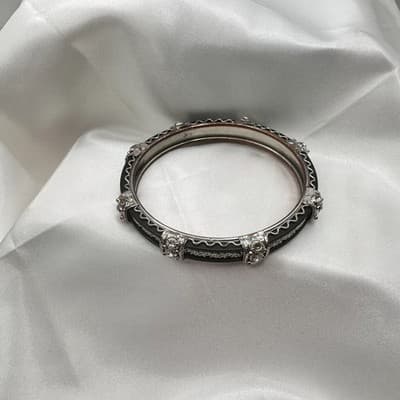 Vintage 90 Silver Tone Clear Rhinestone Black Enamel Bracelet Women's Jewelry - Thumbnail 5