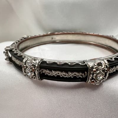 Vintage 90 Silver Tone Clear Rhinestone Black Enamel Bracelet Women's Jewelry - Thumbnail 4