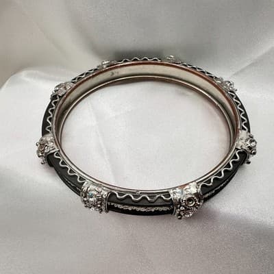 Vintage 90 Silver Tone Clear Rhinestone Black Enamel Bracelet Women's Jewelry - Thumbnail 2