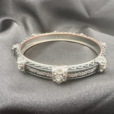 Vintage 90 Silver Tone Clear Rhinestone Black Enamel Bracelet Women's Jewelry - Thumbnail 6