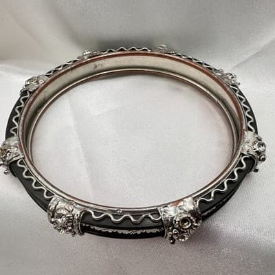 Vintage 90 Silver Tone Clear Rhinestone Black Enamel Bracelet Women's Jewelry - Thumbnail 3